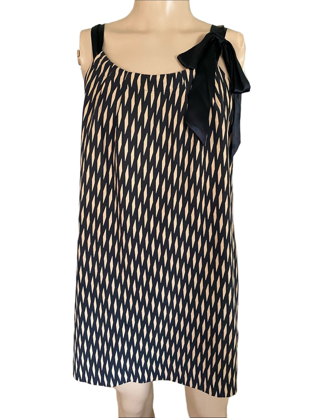 Floreat Black and tan silk Geometric bow  -Shoulder Mini Dress